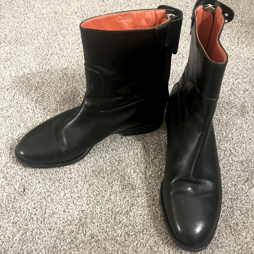 CHLOE Leather Boots, combat style with zipper calf height orange lining sz 37.5 - Picture 2 of 16